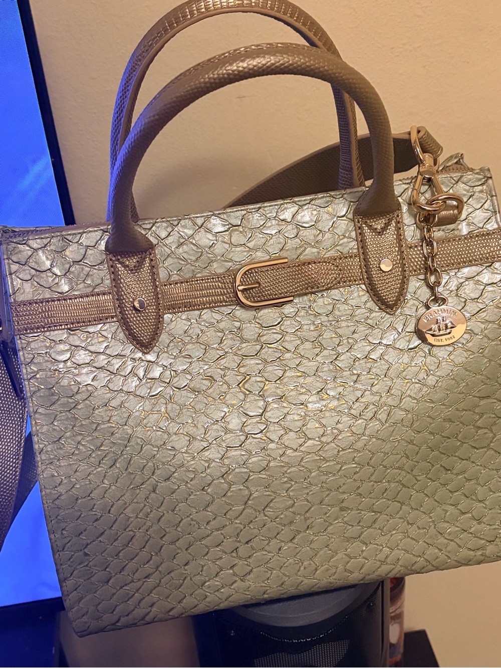Brahmin Metallic Taupe Snake-Embossed Shoulder Bag with Charm